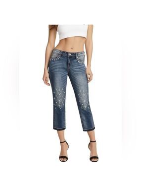 Kut from the Kloth Reese ankle straight cropped eyelet embroidered raw jeans 0